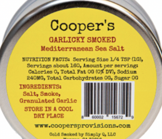 Back label of Garlicky Smoked Mediterranean Sea Salt from New York Prime Beef, showing ingredients and nutritional information