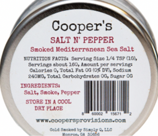 Back label of New York Prime Beef Salt & Pepper Smoked Mediterranean Sea Salt showing ingredients, nutrition facts, and packaging details.