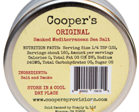 Back label of Smoked Mediterranean Sea Salt tin from New York Prime Beef, showing ingredients and product details