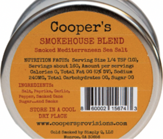 Back label of New York Prime Beef Smokehouse Blend Smoked Mediterranean Sea Salt showing ingredients, nutrition facts, and packaging details.