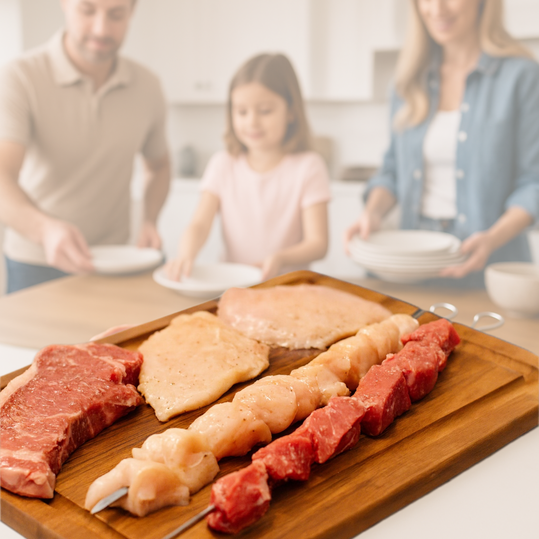 Raw meat and poultry on a wooden cutting board with a family in the background.
