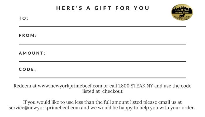 New York prime beef virtual digital email gift perfect for holidays and presents 