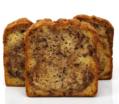 Sweet Sam’s Cinnamon Walnut Pound Cake from the sampler pack, buttery loaf swirled with cinnamon and walnut streusel