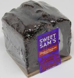 Front packaged view of Sweet Sam’s Double Chocolate Pound Cake from New York Prime Beef, dense rich loaf with branded label