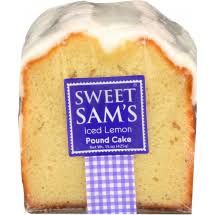 Front packaged view of Sweet Sam’s Iced Lemon Pound Cake from New York Prime Beef, golden loaf topped with lemon icing and branded label