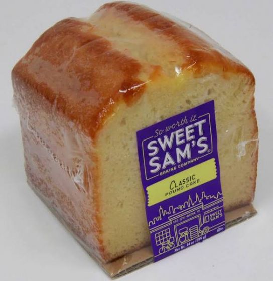 Front view of Sweet Sam’s Original Pound Cake from New York Prime Beef, packaged in clear wrapping with branded label, showcasing moist golden loaf